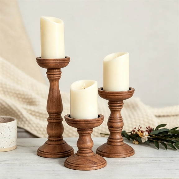 JUXIAO Farmhouse Wooden Candle Holders for Pillar Candles Set of 3, Rustic Wood Candle Holder Table Centerpiece Decor, 12'' 9'' 6'' Vintage Tall Candle Stand Decorative, Brown