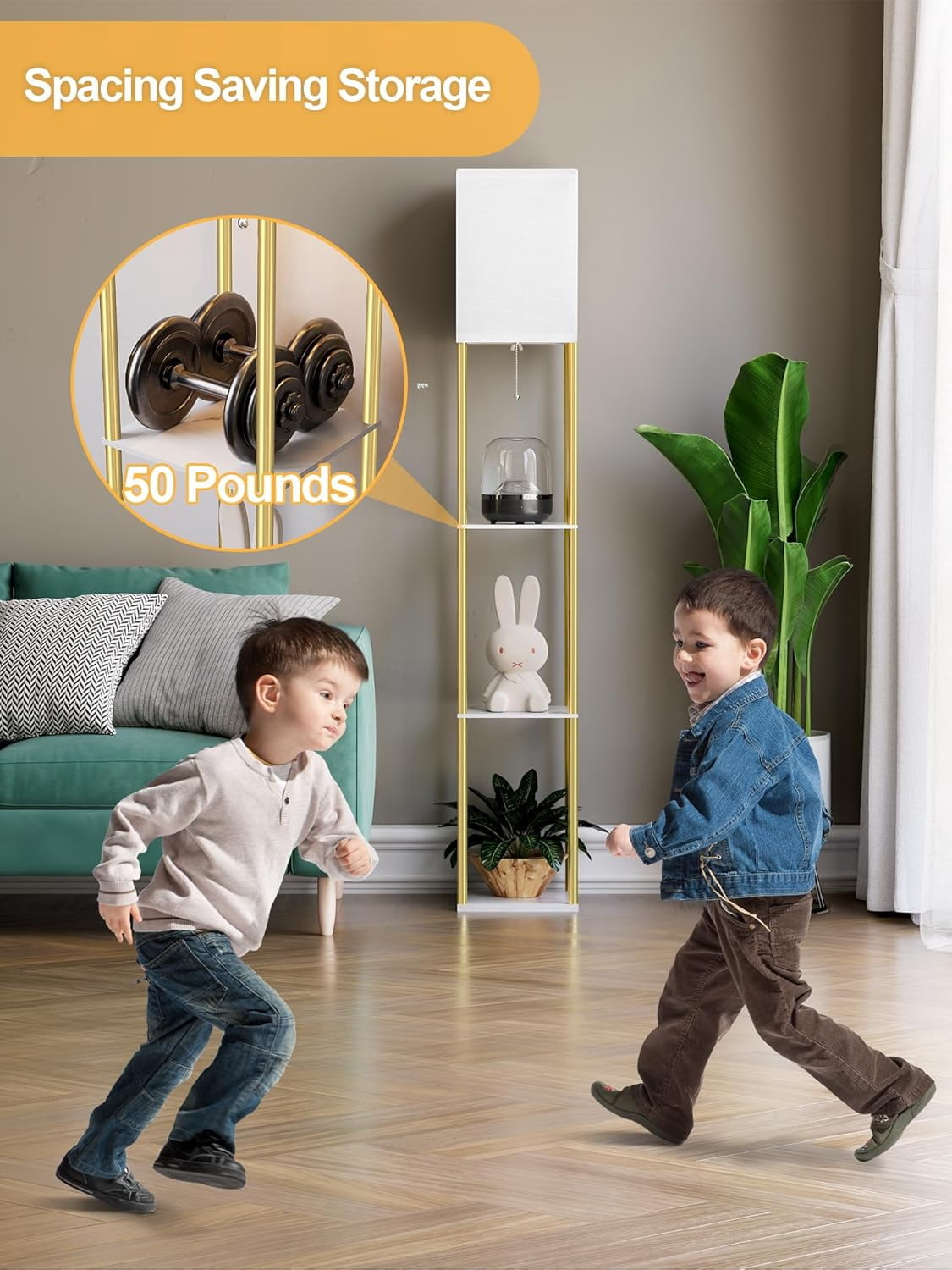 Floor Lamp with Shelves for Living Room, Shelf Floor Lamp with 3 CCT LED Bulb, Corner Display Standing Column Lamp Etagere Organizer Tower Nightstand with White Linen Shade for Bedroom, Office