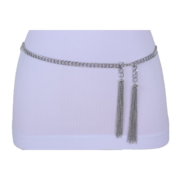 Women Hip Waist Silver Metal Chain Link Belt Long Tassel Fringe M L XL