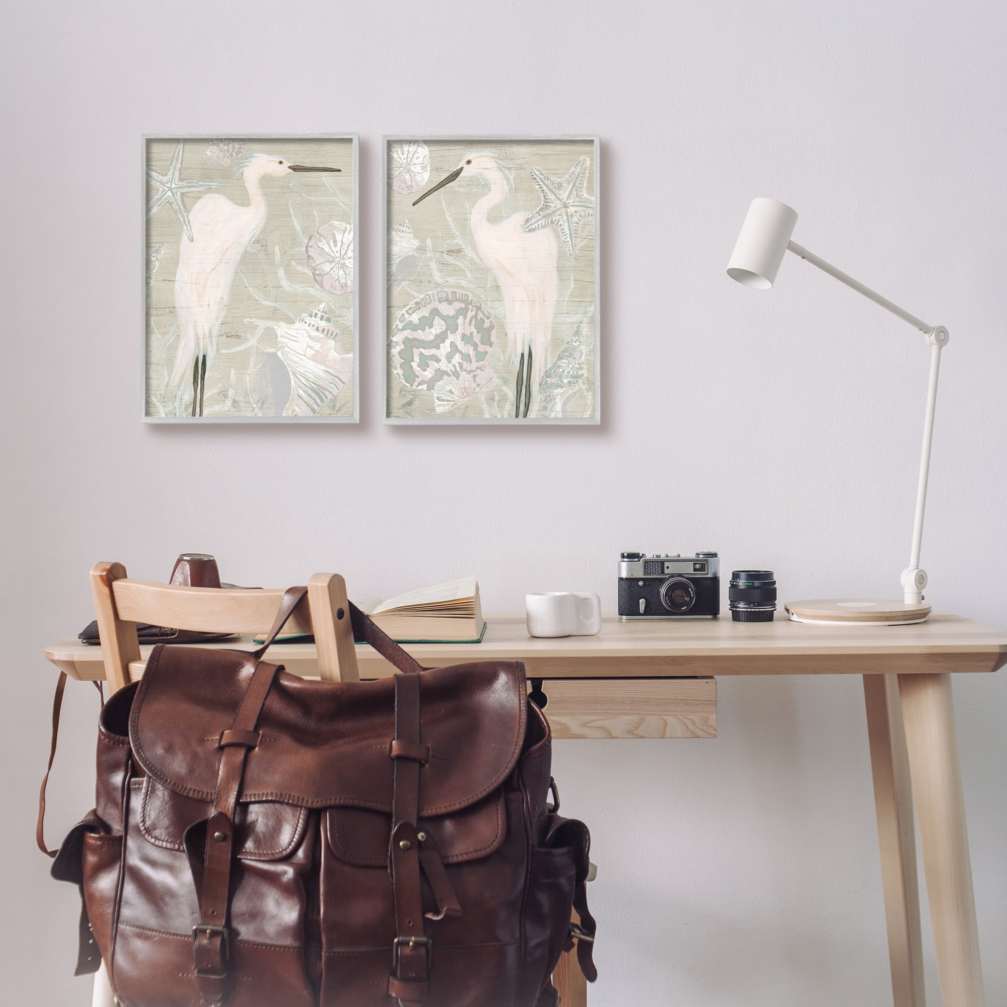 Stupell Industries White Heron Nautical Seashells Rustic Starfish Wildlife Graphic Art Gray Framed Art Print Wall Art, Set of 2, Design by June Erica Vess