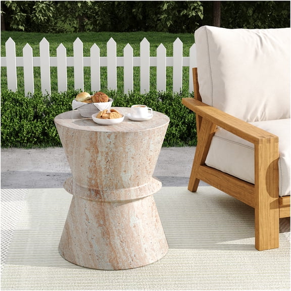 JERFIT Lightweight Concrete End Table for Outdoor & Indoor, Beige Travertine Finish Accent Table, No Assembly Required Hourglass Side Table
