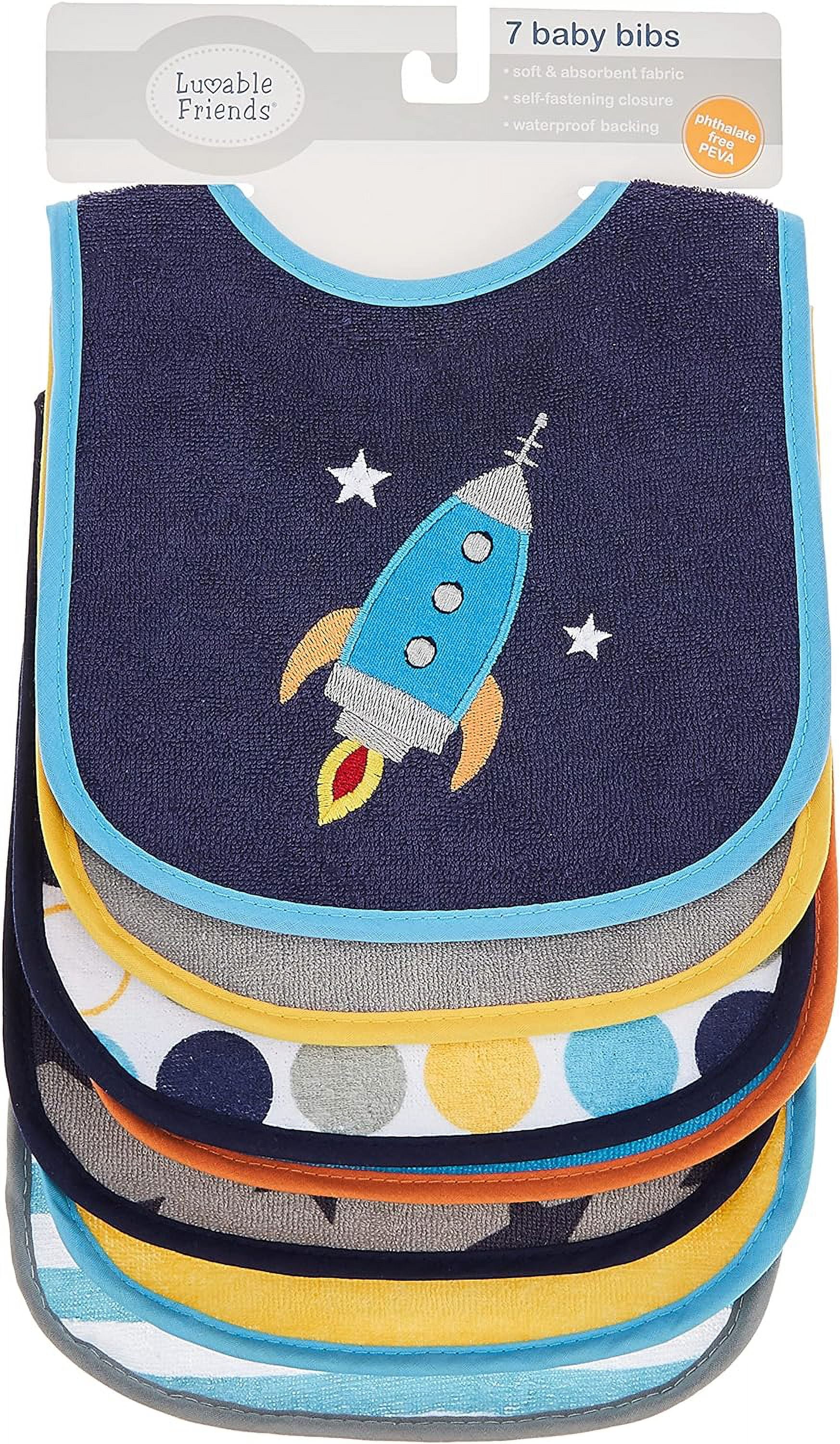 Luvable Friends 7 Piece Drooler Bibs with Waterproof Backing, Blue Spaceship