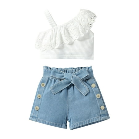 

PatPat 2pcs Baby Girl 95% Cotton Schiffy One-Shoulder Cami Top and Belted Denim Shorts Set