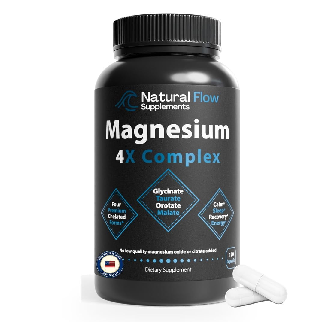 Natural Flow Supplements 4X Magnesium Glycinate, Taurate, Malate, Orotate Complex for Calm Sleep, 120 Caps