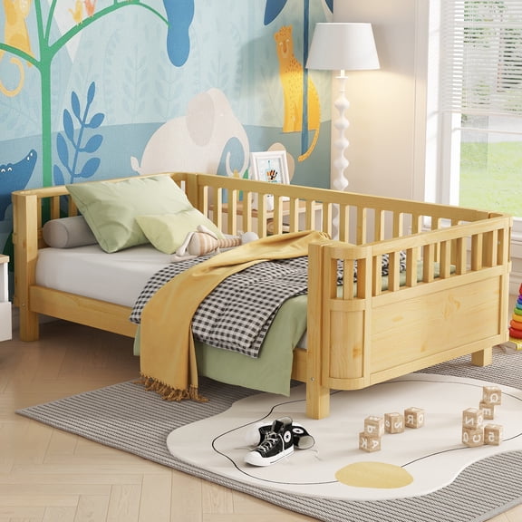 Sesslife Toddler Bed, Wood Twin Platform Bed Frame, Twin Size Bed Frame with Salts and Safety Fence for Boys Girls, Low Profile Bed Twin with Removable Guardrail, No Box Spring Needed, Natural