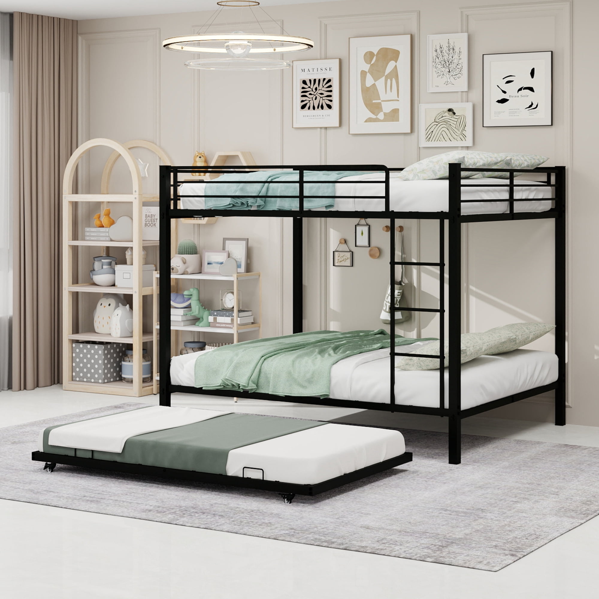 Leumius Triple Bunk Bed Full over Full with Trundle, Convertible Metal Bunk Bed Frame with Ladder & Safety Guardrail, Space-Saving for Teens and Adults,Black