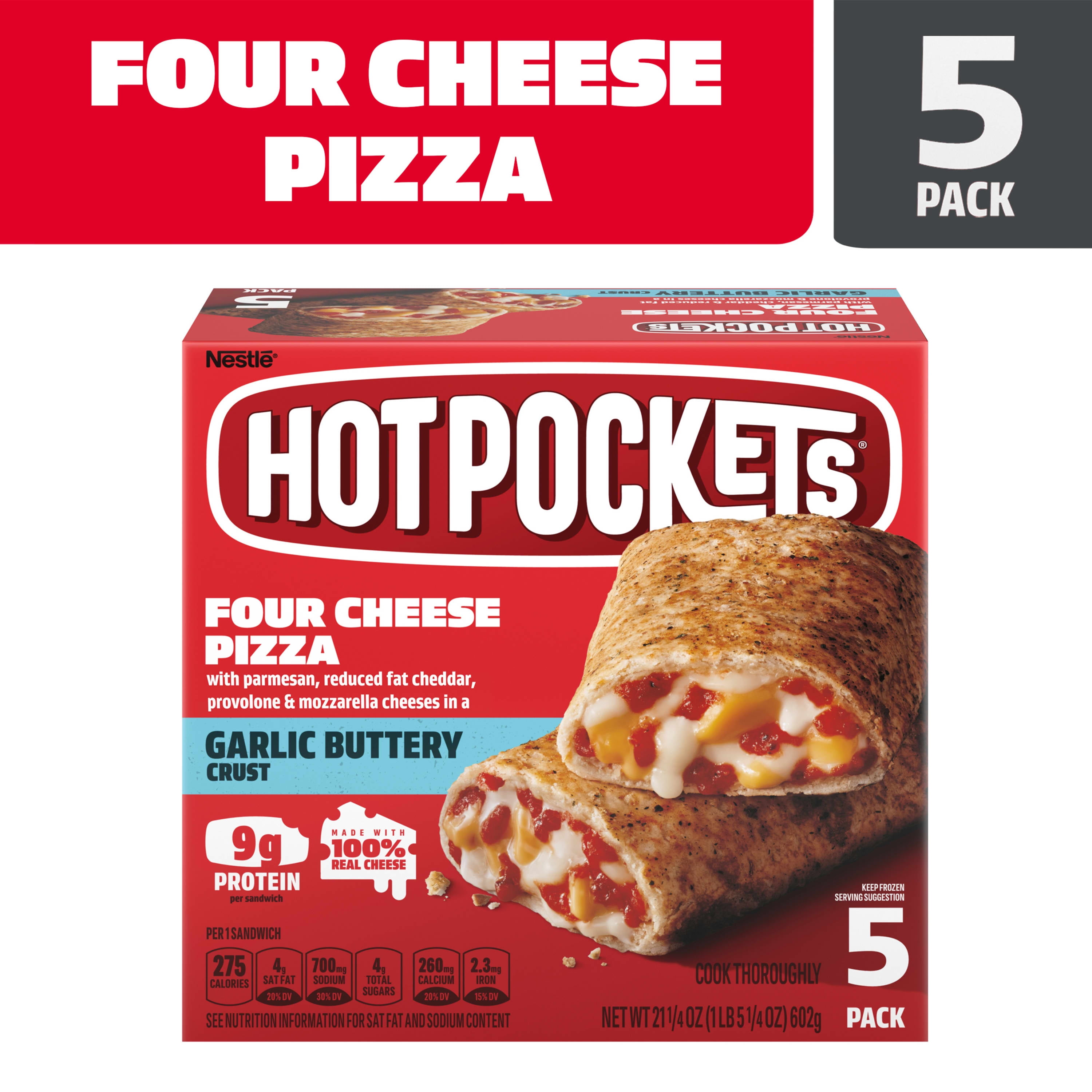 Hot Pockets Frozen Snacks Garlic Buttery Crust Four Cheese Pizza Sandwiches,  21.25 oz, 5 Count (Frozen)