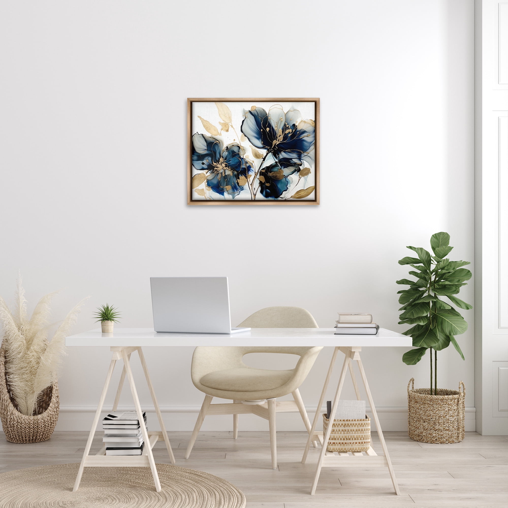 Stupell Industries Blue Swirling Modern Flowers Botanical & Floral Painting Brown Floater Framed Canvas Art Print Wall Art, 31 x 25