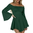 thumbnail image 2 of YMNXA Women's Casual Dress Off Shoulder Ruffled Hem Solid Color Flowy Boho Midi Dresses For Party Green M, 2 of 4