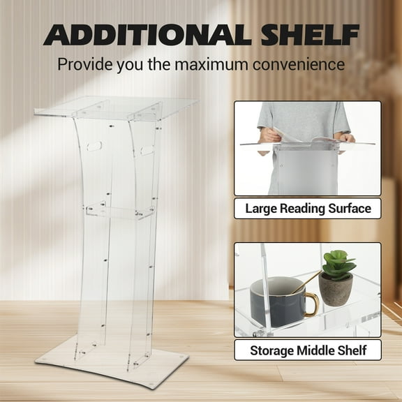 ChaoLink 47 inches Tall Clear Acrylic Podium Stand - Wide Surface, Storage Shelf, Heavy-Duty Floor Pulpit for Church, Office, School & Events, High-Transparency, Stable Base