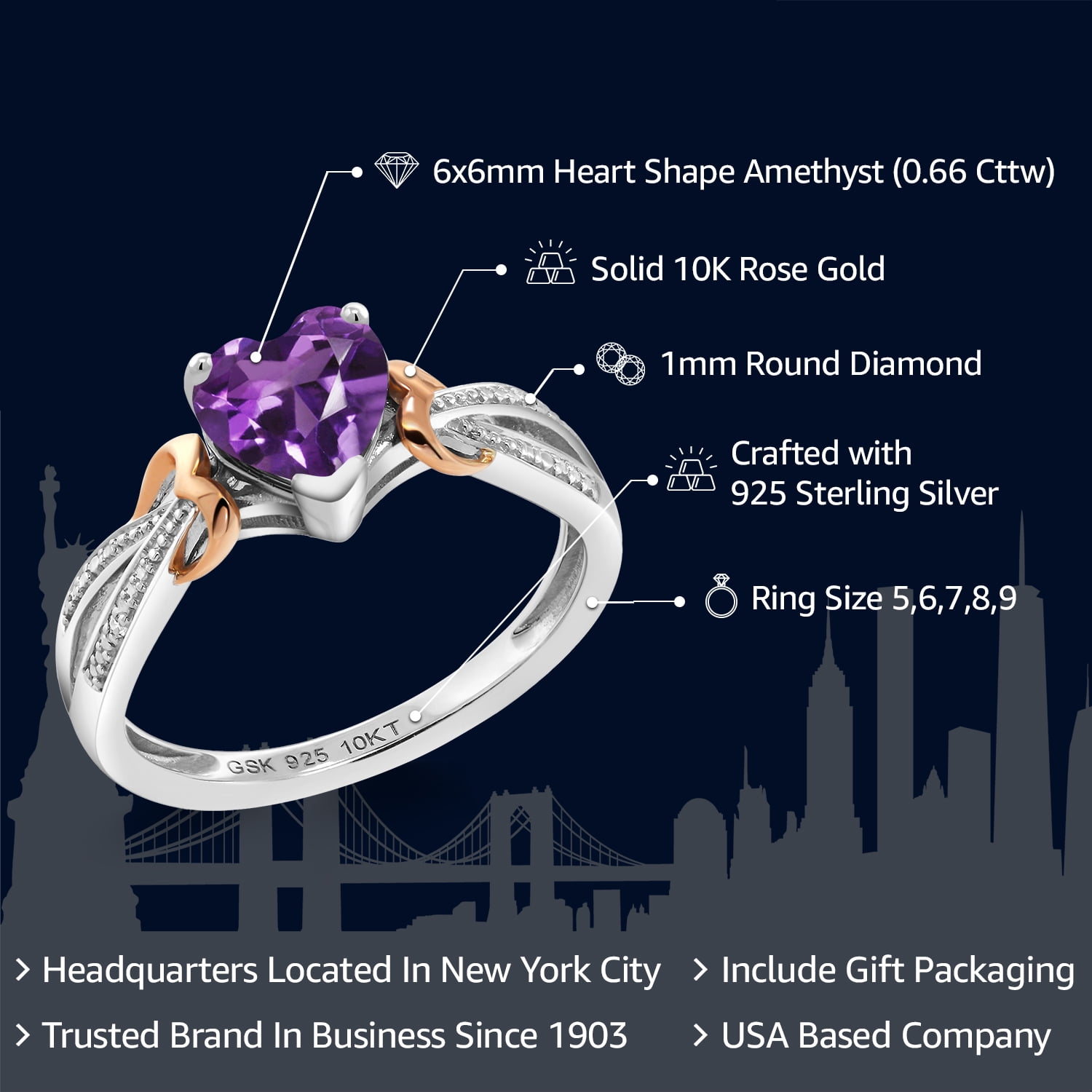 Gem Stone King 925 Sterling Silver and 10K Rose Gold Purple Amethyst and Diamond Heart Shape Ring for Women (0.66 Cttw, Gemstone Birthstone, Available in Size 5, 6, 7, 8, 9)