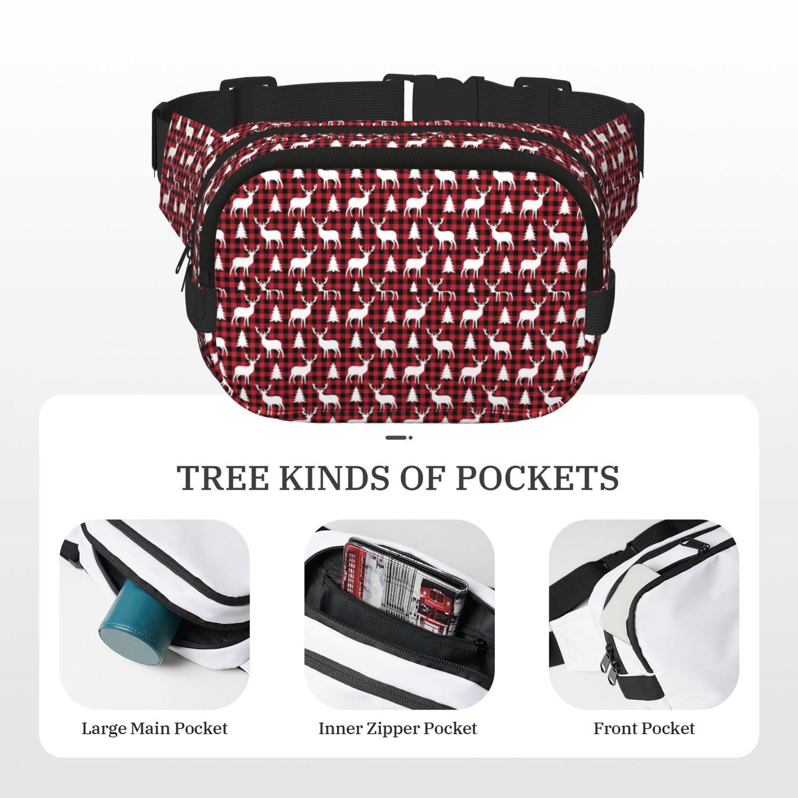 Picia Christmas And New Year Print Square Double-Layer Waist Bag Mini Adjustable Waist Belt Bag Exercise Running Travel Hiking