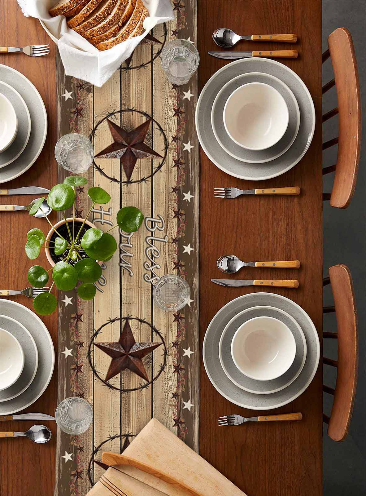 Rustic Country Table Runner 48 Inches, Western Stars Brown Texture Wooden Print Bed Runner Dresser Scarves Tabletop for Indoor Outdoor Parties/Ceremony/Banquet, 13" x 48"