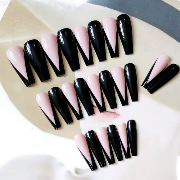 Jinsinto False Nails Large V Shape Extra Long Coffin French Nail Art Tips Predesigned Black Glossy