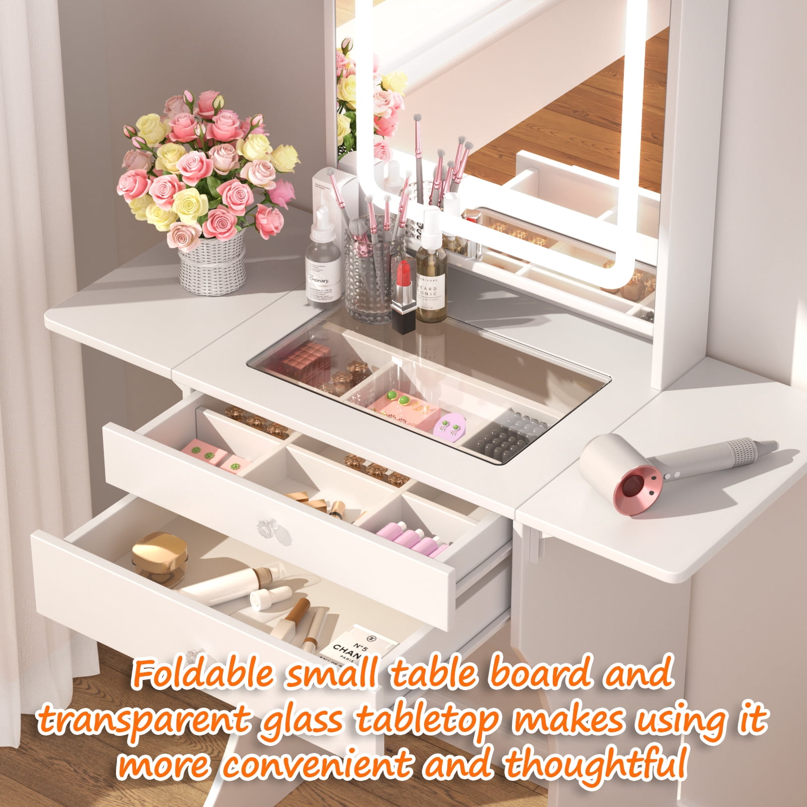 Mintazer Compact Vanity Desk with LED Mirror & Foldable Side Tables, Makeup Vanity Set with Tempered Glass Top & 2 Drawers and Stool, White