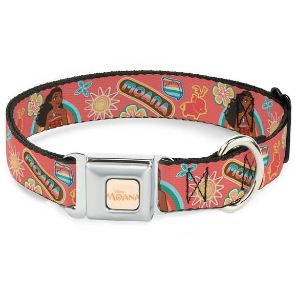 Disney Pet Collar, Dog Collar Metal Seatbelt Buckle, Moana Pose and Icons Collage Pink, 9.5 to 13 Inches 1.0 Inch Wide