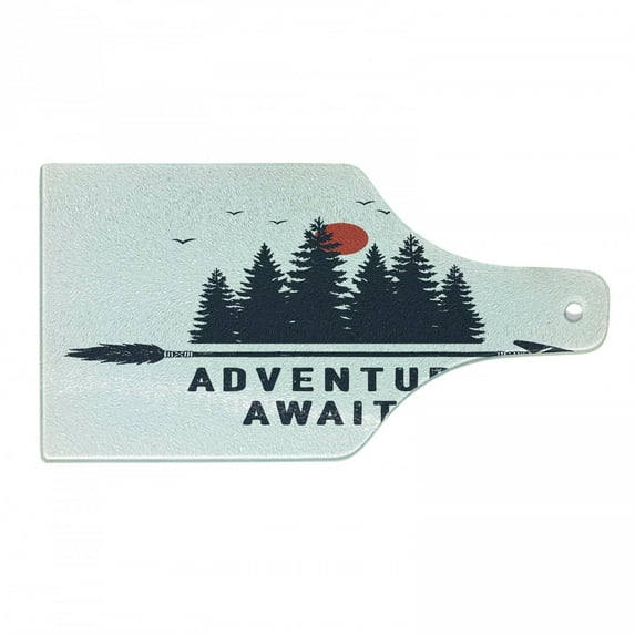 Saying Cutting Board, Travel and Adventure Theme with Fir Trees Moon Gulls Calligraphy, Decorative Tempered Glass Cutting and Serving Board, in 3 Sizes, by Ambesonne
