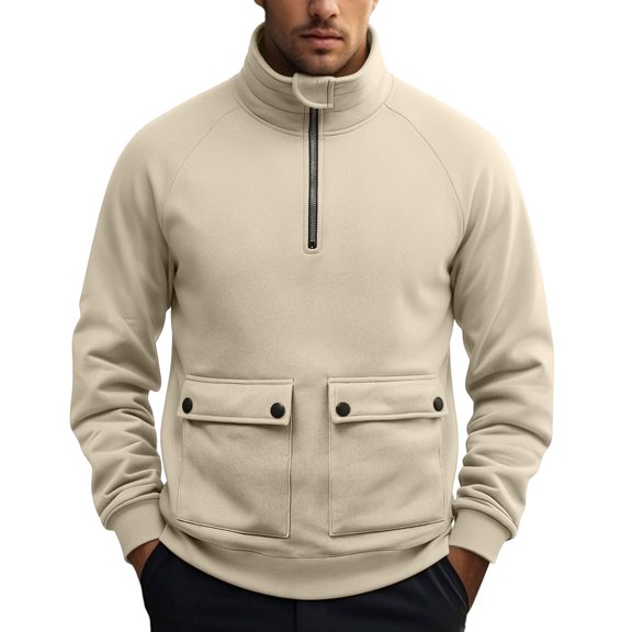 Frnrwgo Men's Half Zip Pullover Sweatshirt Heavyweight Regular Fit Dual Button Pockets Stand Collar Fall Winter Casual Top