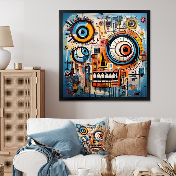 Designart "Graffiti Art Eyes Chaos in Yellow and Blue II" Abstract Framed Wall Art Decor - Modern Blue Abstract Collages Entryway Framed Wall Art