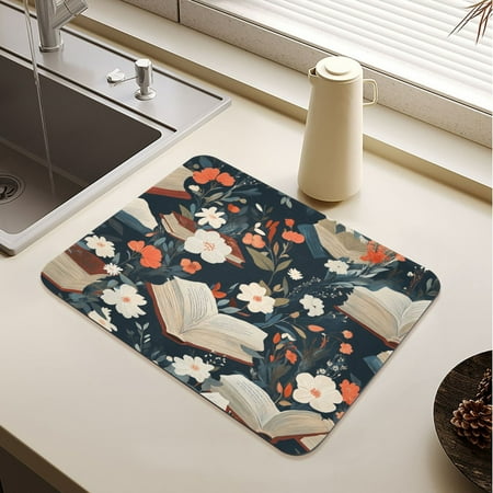 

Books and Flowers Collide Drying Mat Diatomaceous Earth Super Absorbent Slip Rubber Sole Heat Resistant 230 Degrees Fahrenheit 23.6×19.7in