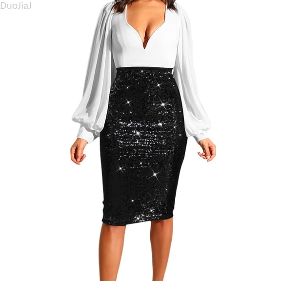 DuoJiaJ Women's Sequin Skirt High Waist Sparkle Pencil Skirt Party Black L