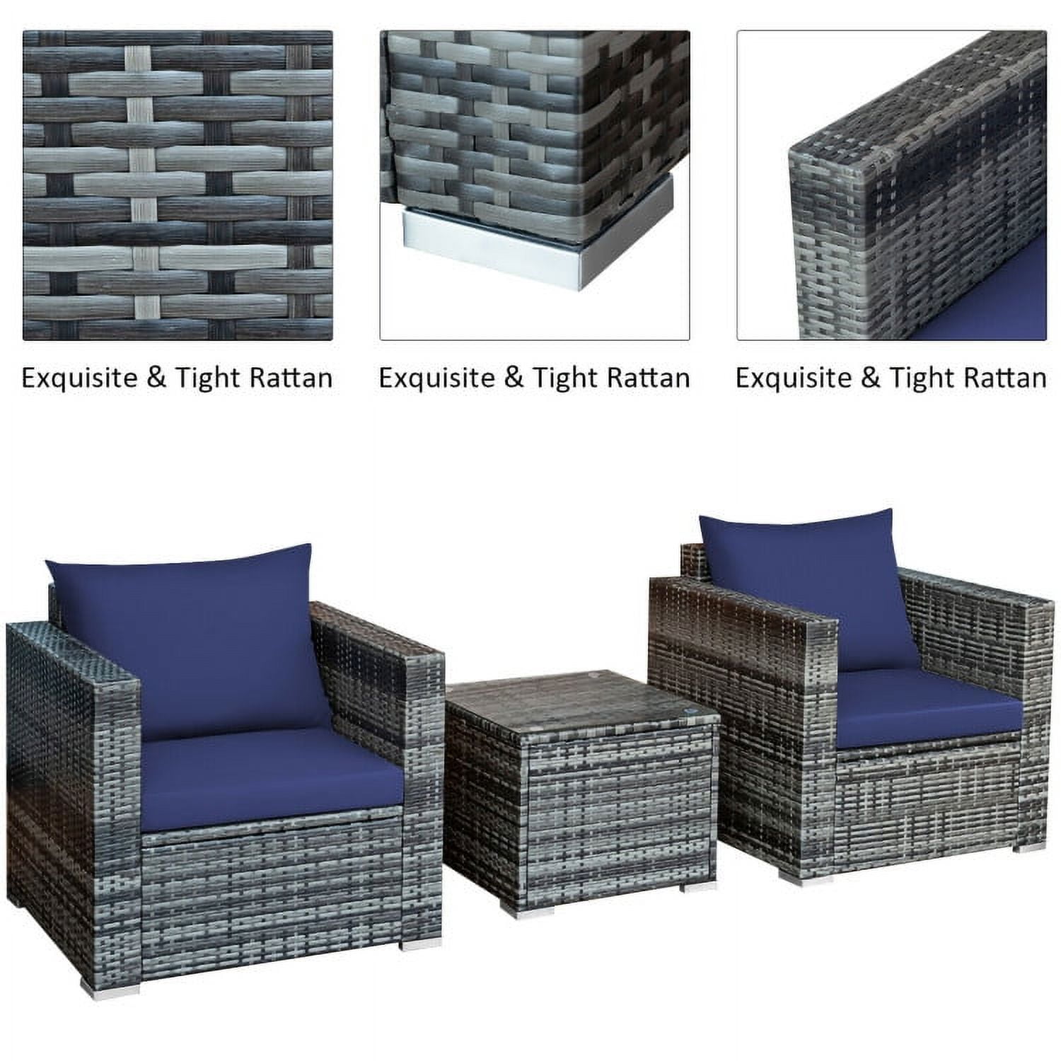 Aimee Lii 3 Pcs Patio Rattan Furniture Bistro Sofa Set with Cushioned, Modern Patio Furniture, Navy Aimee Lii 3 Pcs Patio Rattan Furniture Bistro Sofa Set with Cushioned, Modern Patio Furniture, Navy