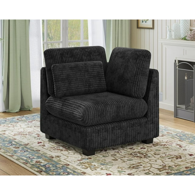 CHIC HOUSE Siège d'Angle pour Canapé Modulaire Surdimensionné, Module de Méridienne Rembourré en Velours Côtelé Peluche avec Tissu Chenille, Unité de Sofa Sectionnel Convertible en Noir