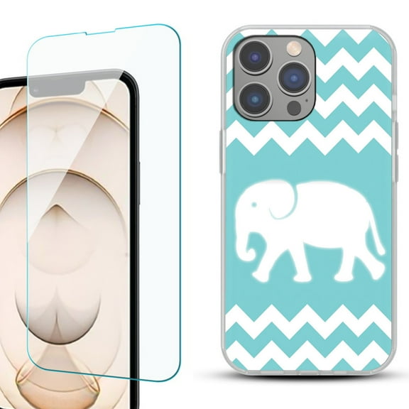 Slim-Fit Gel TPU Phone Case for iPhone 14 Pro, with Tempered Glass Screen Protector, by OneToughShield ® - Chevron/Elephant