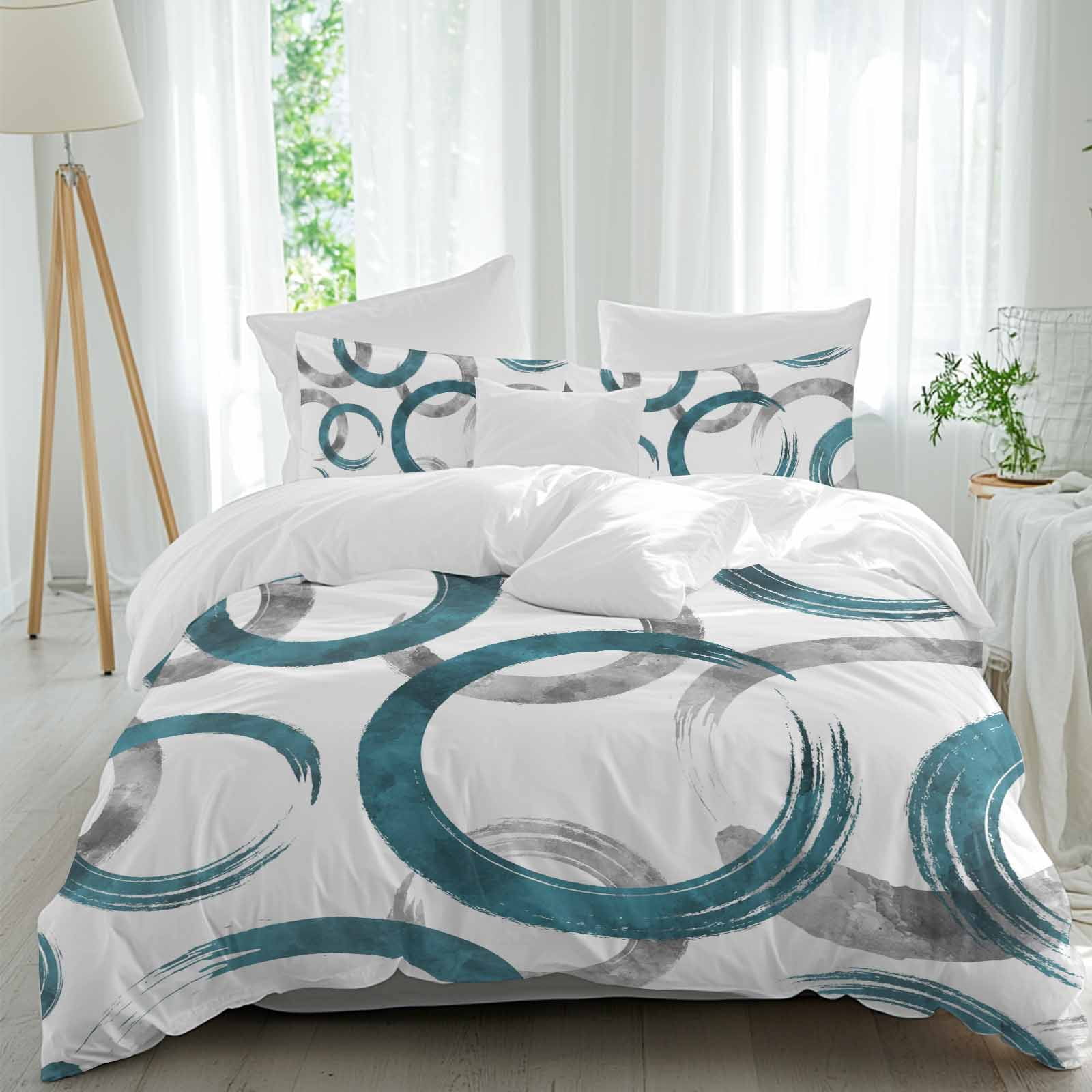 Turquoise Grey Bedding 3 Piece Duvet Cover Set California King, Geometric Circle Modern Abstract Simple Art Soft Microfiber Comforter Cover with Zipper Closure & Pillowcases, Quilt Cover