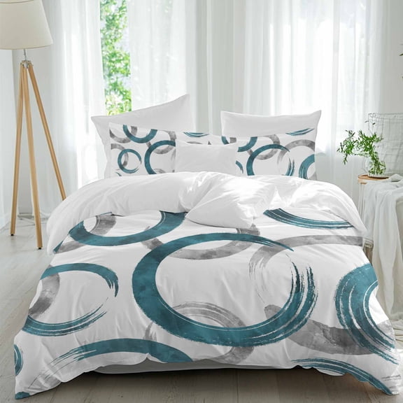 3 Piece Turquoise Grey Duvet Cover Set Twin Size,Microfiber Comforter/Quilt Cover with Corner Ties and 2 Pillowcases,Geometric Circle Modern Abstract Simple Art All Season Bedding with Zipper Closure