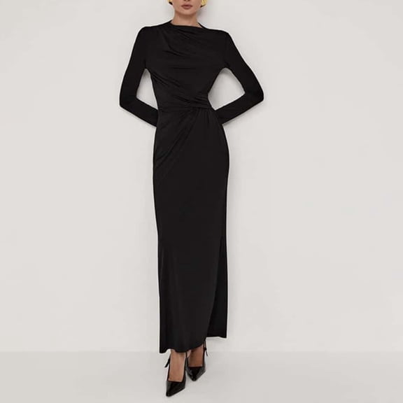 YueHuiYing Women's Asymmetrical Neckline Long-Sleeve Fitted Waist Pleated Slim-Fit Maxi Dress with Round Neck and Ankle-Length Hem