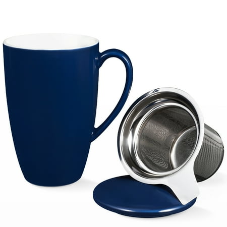 

Teacup 16 oz Large Tea Mug Porcelain Teacup With Strainer Lid & Handle Dark Blue