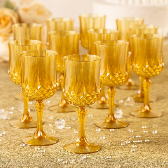 Fun Express Patterned Disposable Plastic Wine Glasses Gold, Bulk 48 Pieces