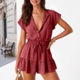 thumbnail image 2 of vigerkar Summer Rompers for Women 2026 V Neck Short Sleeve Button Up Ruffle Jumpsuit Outfit with Pockets (Red, L), 2 of 7