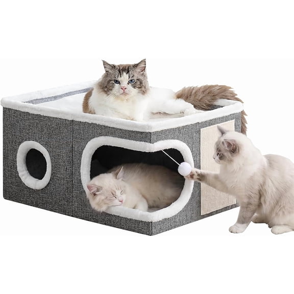 Extra Wide Covered Cat Cave Bed with Scratch Pad and Fluffy Ball Foldable Hideaway for Multiple Cats Grey 23.6" D x 16" W x 13" H