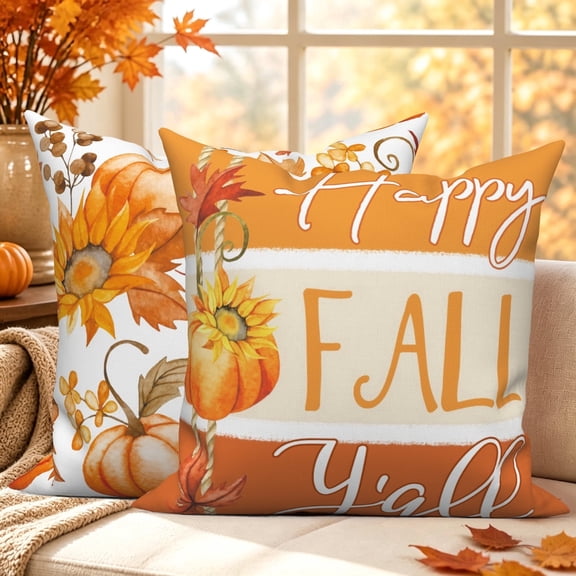 Happy Fall Y'all Pillow Covers 18x18 Set of 2 Orange Pumpkin Sunflower Farmhouse Throw Pillow Cases Double-Sided Thanksgiving Decor