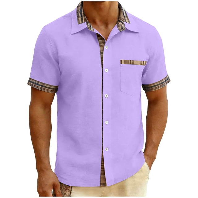 Ceisia Men's Relaxed Fit Short Sleeve Turndown Collar Shirt with Plaid Contrast Trim Purple XXL Gifts
