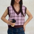 thumbnail image 4 of Amidoa Women's Sweaters V-Neck Sleeveless Pink Crop Cute Plaid Summer Sweater Vests Womens Cardigan Sweaters Free Size, 4 of 5