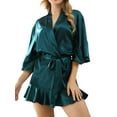 thumbnail image 2 of Women's Satin Robes 3/4 Sleeve Ruffle Hem Kimono Robe Silk Bridesmaid Robe Lingerie Sleepwear, 2 of 10