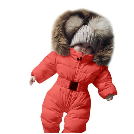 KDSJSXW Baby Newborn Snowsuit Infant Winter Clothes Snowsuits Toddler Puffer Down Jumpsuit Warm Snow Padded Romper Faux Fur Hooded Coat Windproof Outerwear for 0-24 M (Orange 65)