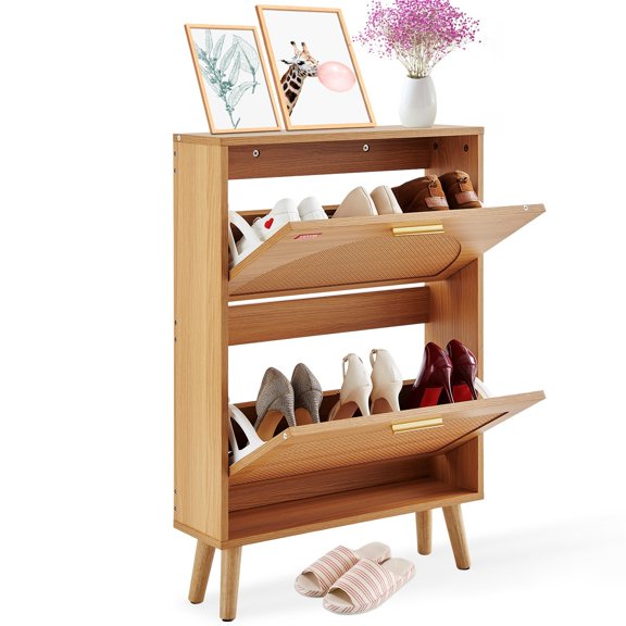 HLL 2-Drawer Wooden Shoe Cabinet with Rattan Front, 34.53 x 23.62 x 6.61 inches, Anti-Tip Design, Natural Oak (Natural Oak)