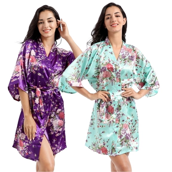LYMAYTER Womens Satin Silk Robe Soft Lightweight Short Floral Satin Kimono Wedding Party Sleepwear M-2XL