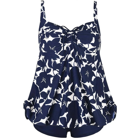 Plus Size Curvy Blue Floral Print Tie Back Cinch Fashion Swimsuit Tankini Set