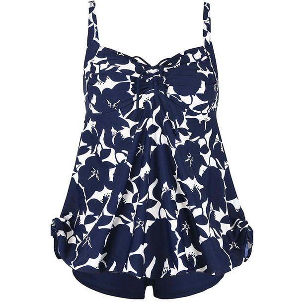 Plus Size Curvy Blue Floral Print Tie Back Cinch Fashion Swimsuit ...