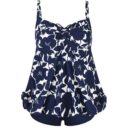 Plus Size Curvy Blue Floral Print Tie Back Cinch Fashion Swimsuit Tankini