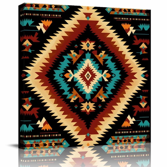 Wall Art Prints, Boho Orange Teal Framed Canvas Prints for Bedroom Living Room Bathroom Office, Southwestern Abstract Geometric Ethnic Gallery Wrap Wall Art Poster for Gifts Home Decor 28"x28"