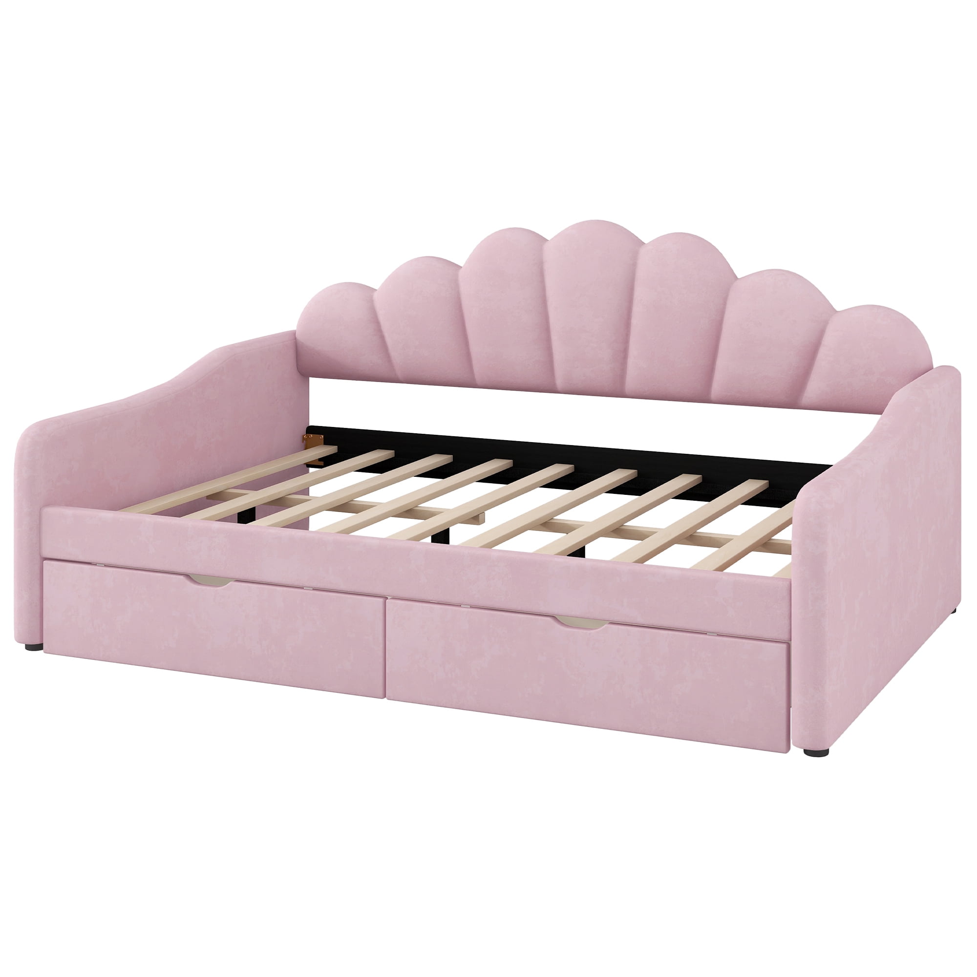 EUROCO Upholstery Full Size Platform Bed, Upholstered Daybed with Headboard and Drawers, Pink
