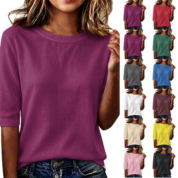 Linen Texture Blouse for Women, Crew Neck Half Sleeve Loose Tunic - Lightweight Breathable Summer Casual Top Beige L