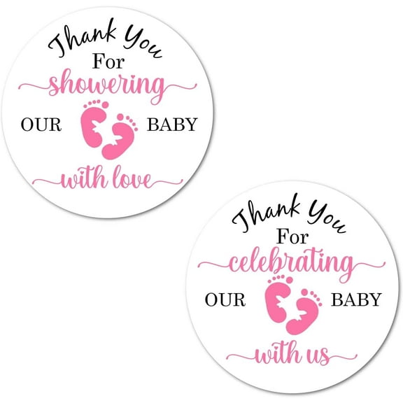 40 Thank You for Showering Our Baby with Love Stickers, 2 Inch Big Round Glossy Labels, Pink Footprints Theme for Girl, Great for Party Favors, Tags, Games and Supplies