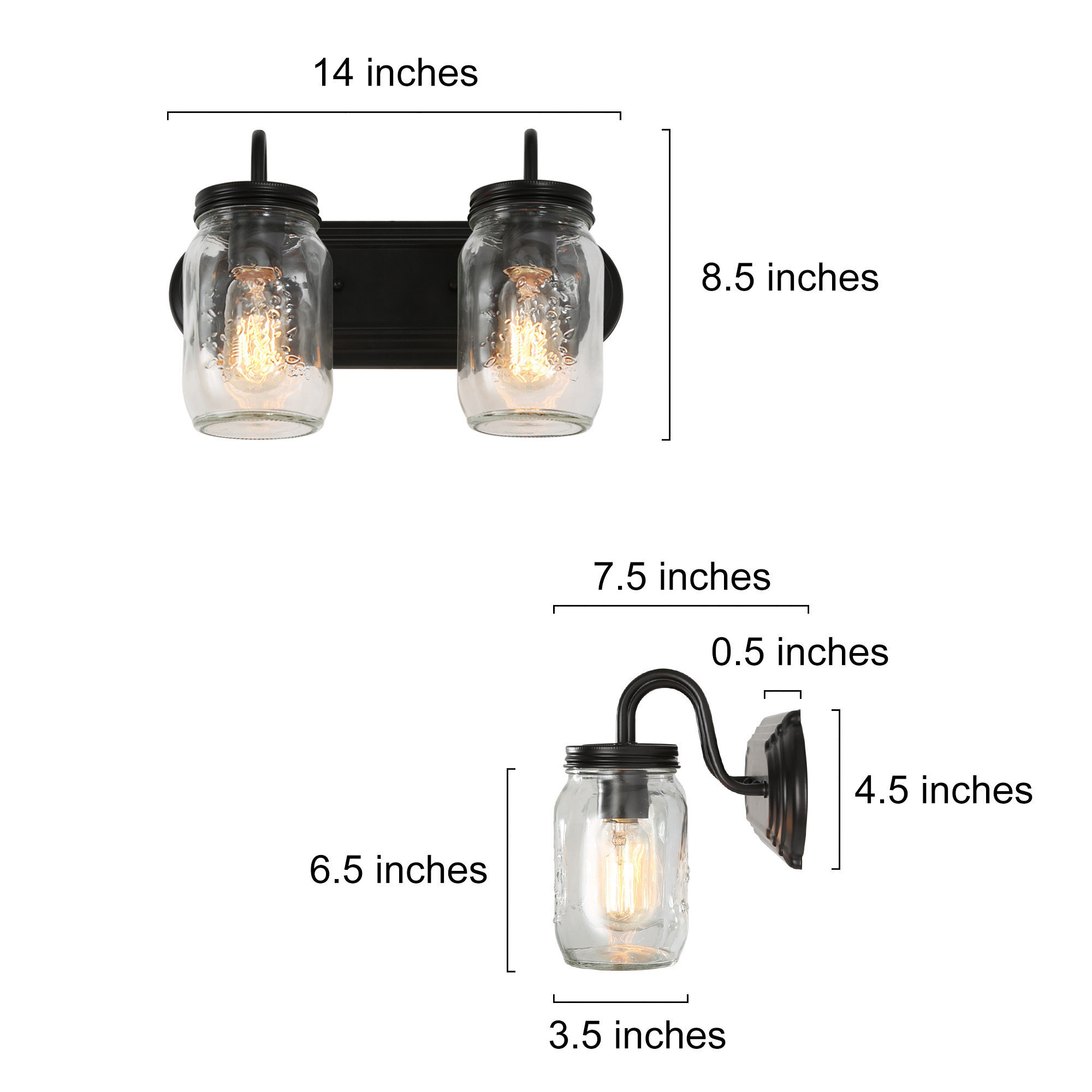 LNC 2-Light Black Geometric Clear Mason Jar Glass Modern Bathroom Vanity Lighting Fixutre